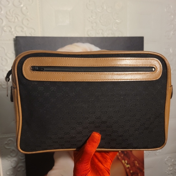 Gucci MICRO GG Canvas/Leather Black/Brown Large Rare New Clutch AUTHENTIC VINTAG - Picture 1 of 16